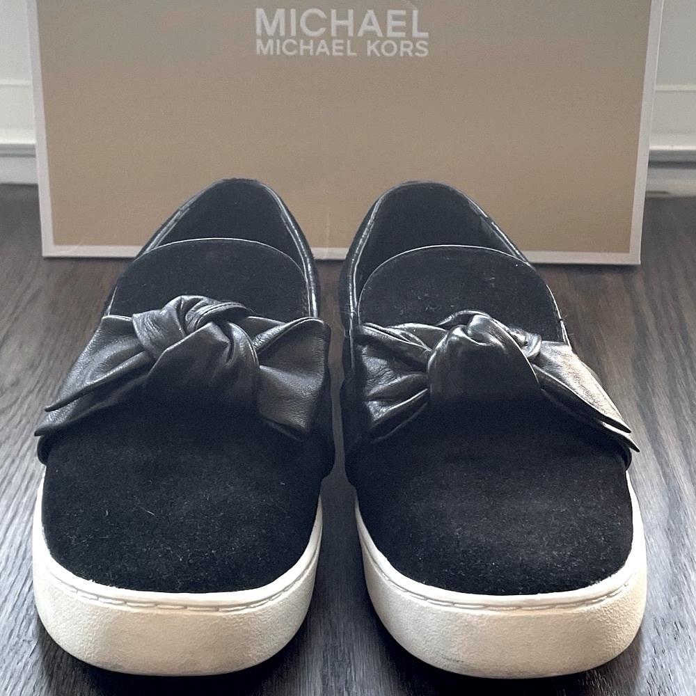 Michael Michael Kors black  suede loafers with leather bow detail